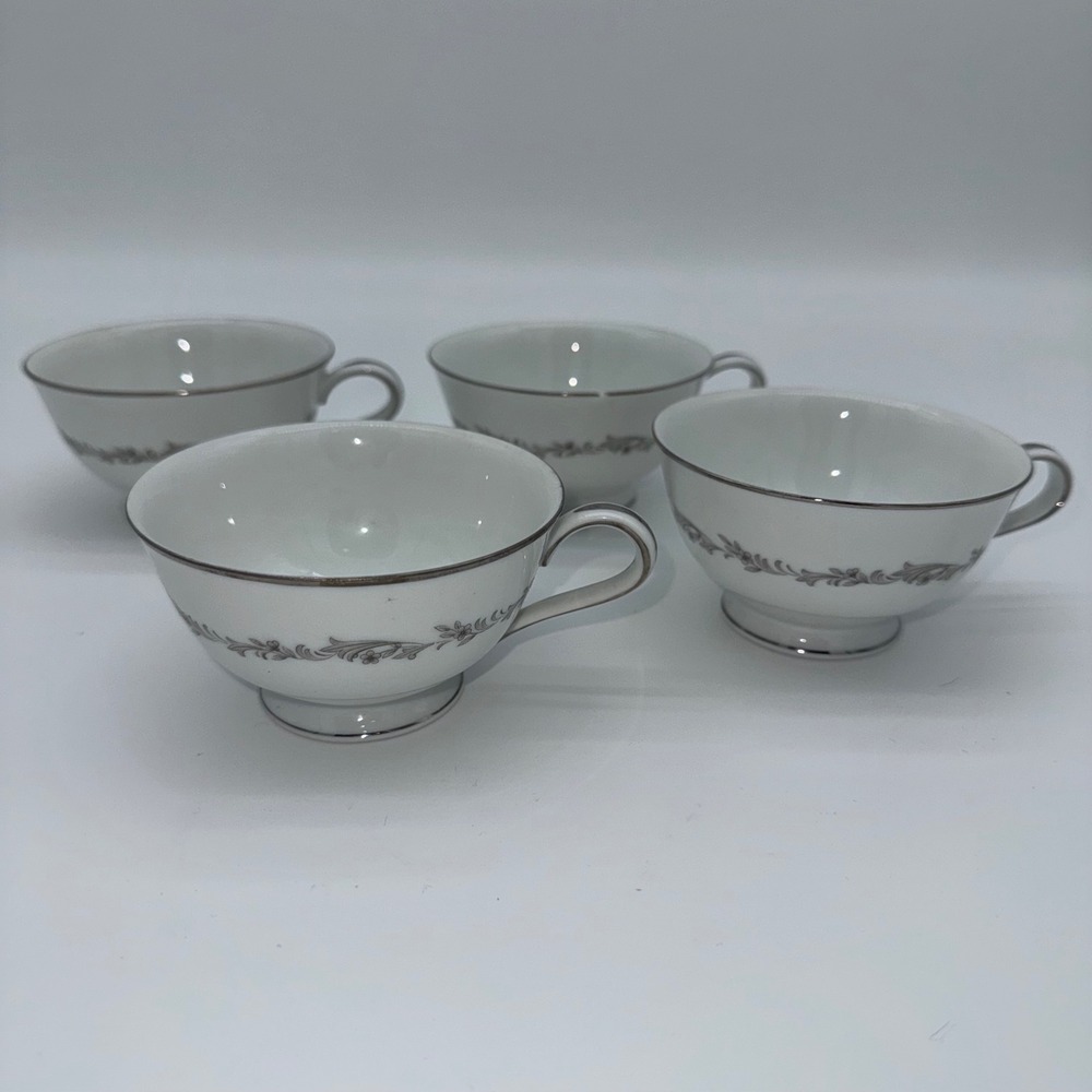 Noritake Crestmont 6013 Japan Teacups Set of 4 Platinum Trim Floral Designβ
